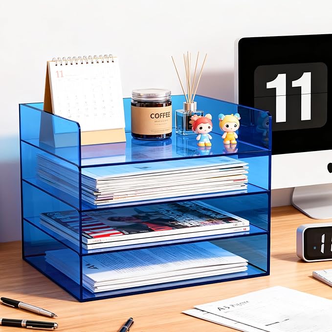 Gelite Acrylic File Organizer for Desk 4 Tiered Stackable Letter Tray Office Paper Storage Desktop Document Sorter, Blue