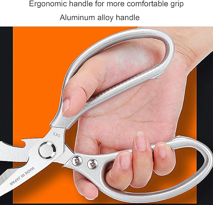LONJYI Multi Function Kitchen Scissors, Heavy Duty Stainless Steel Shears with Ultra Sharp Blades Left Right Handed Scissors Use for Chicken Meat Seafood Vegetables BBQ Bottle Opener Silver