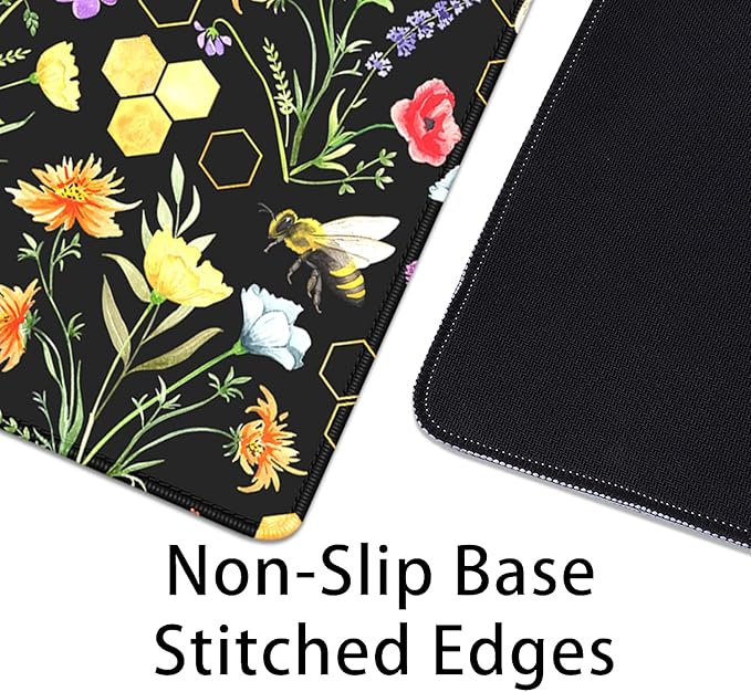 Bees and Honeycombs Mouse Pad,XL Large Wildflowers Mousepad Desk Pad with Stitched Edges,Non-Slip Waterproof Rubber Base Mouse Mat Desk Mat for Office Computer Keyboard Laptop Home(27.5x11.8 in)