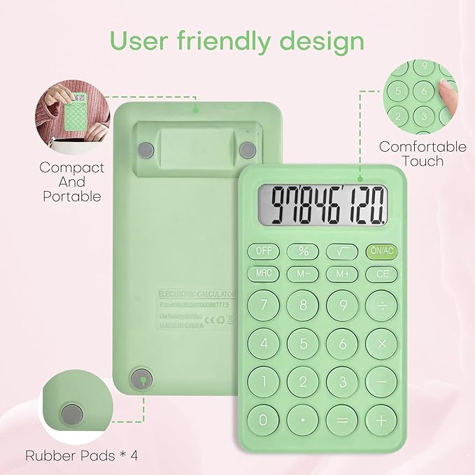 Cute Calculator, Basic Four Function Calculator for Teachers Students Basics Office, Small Handheld Calculator, 8 Digit with LCD Display, Sensitive Button, 5.5×3.2 inches Light Green