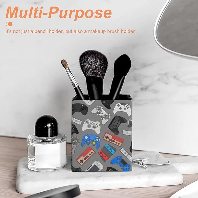 Square Pen Holder & Pencil Organizer for Desk - Office Storage Organizer, Markers/Makeup Brushes/Scissors Holder, Compact Desk Decor Accessories for Home Classroom School(Video Games)