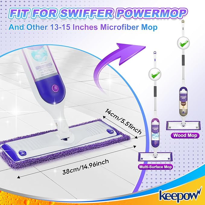 KEEPOW Reusable Pads for Swiffer Power Mop, Refill Pads for Swiffer Power Mop Wood Floor Cleaning, Microfiber Mop Pads for Hardwood Floors (2 Pack)