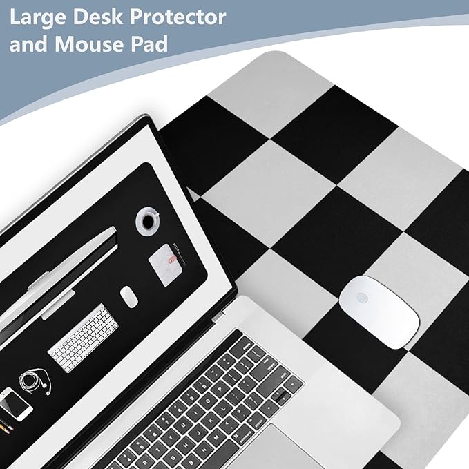 Mouse Pad Desk Mat Leather Desk Pad Large Gaming Desk Cover Protector Mat for Keyboard Computer Laptop Office Waterproof 47.2 x 23.6 Inch Checkered Black and White