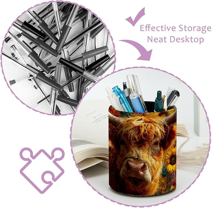 1 Pack Watercolor Sunflower Yak Circular Pen & Pencil Holder - Durable PU Leather Pencil Cup, Desk Accessories Organizer for Office Desk School Home