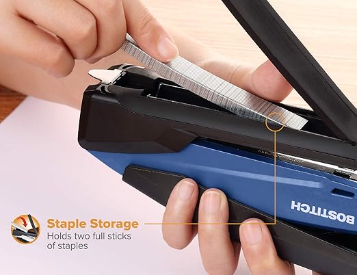 Bostitch Office Executive 3 in 1 Stapler, Includes 210 Staples and Integrated Staple Remover, One Finger Stapling, No Effort, 20 Sheet Capacity, Spring Powered Stapler, Navy Blue