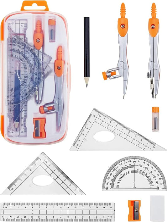 Math Geometry Kit Sets 10 Piece Student Supplies with Shatterproof Storage Box, Includes Rulers, Protractor, Compass, Eraser, Pencil Sharpener, Lead Refills, for Drafting Drawings（Orange）