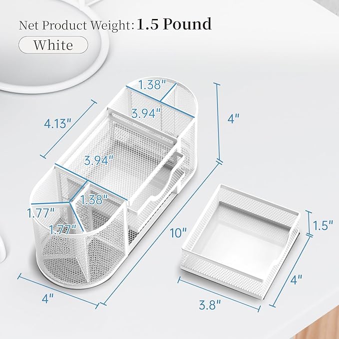 SUPEASY Mesh Desk Organizer, Desk Organizers and Accessories, Pen Holder with Drawers, Pencil Holder for Desk with 2 Drawer for Office Supplies, White