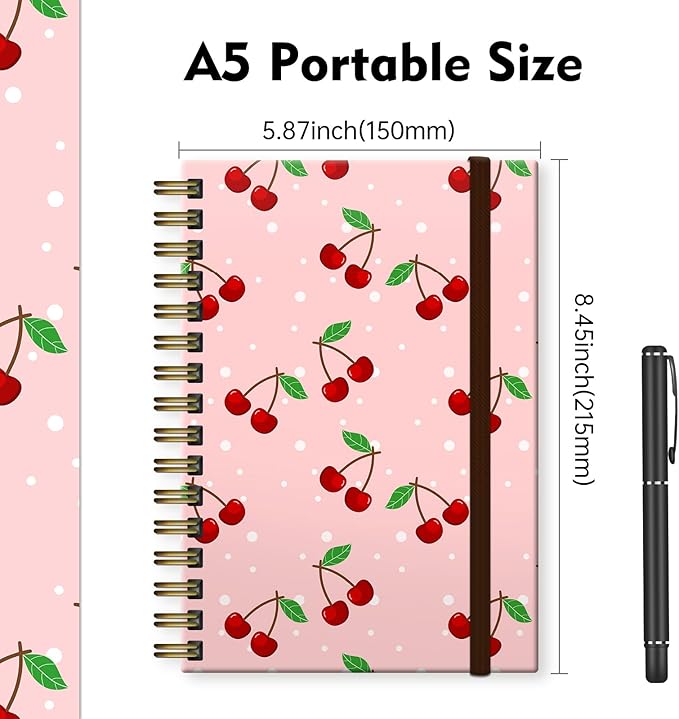 Spiral Journal Notebook,Strong TwinWire Binding with Premium Paper for Girl Women,Cool Funny 120 Pages,100gsm A5 College Ruled NotebookJournal,Perfect for Gifts Nurse Teacher Women(Cute Pink Cherry)