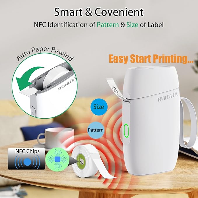 Rongta Bluetooth Label Maker Machine with Tape, Portable Mini Label Printer Wireless Thermal Handheld Sticker Makers Mini Label Makers with Multiple Templates for Organizing Office Home School(White)