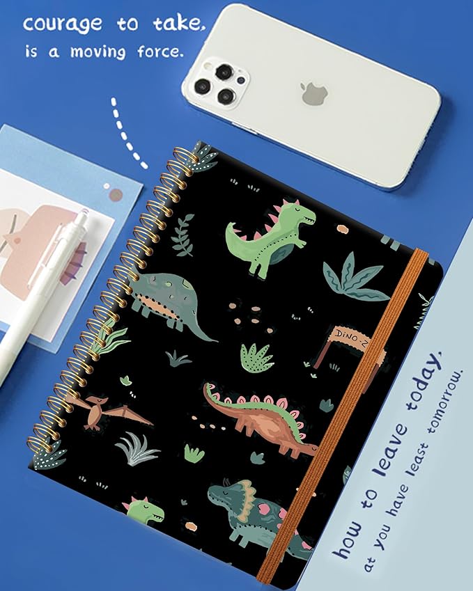 Ruled Spiral Writing Notebook,A5 Hardcover Lined College Journal for Women,Strong Twin-Wire Binding with Premium Paper,8.4" X 6",Perfect for School,Office,Home(Cute Dinosaurs)