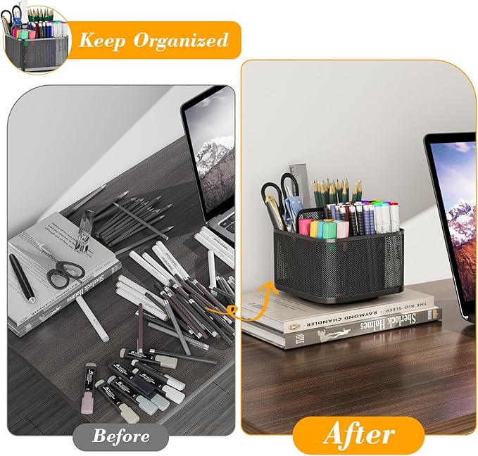 LUCYCAZ 360 Rotating Metal Pencil Pen Holder for Desk, Rotating Pencil Cup with 5 Slots, Dual-Purpose Desk Pen Organizer for Office, School, Home, Square