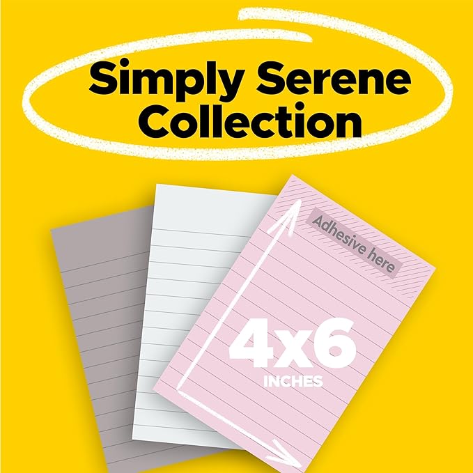 Post-it Super Sticky Notes, 3 Lined Note Pads, 4 x 6 in., 2X The Sticking Power, School Supplies and Office Products, Sticky Notes for Vertical Surfaces, Monitors, Walls and Windows, Simply Serene