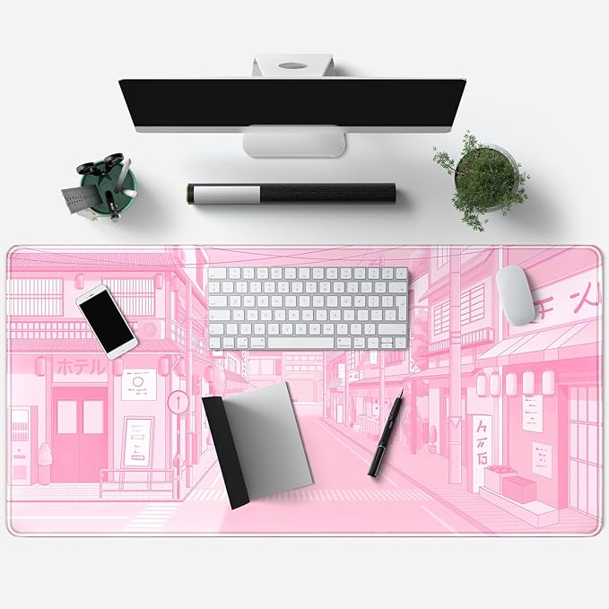 Pink Desk Mat Tokyo Street Desk Mat Anime Japanese Mouse Pad XL Kawaii Large Gaming Mousepad XXL, Cute Desktop Mat Laptop Keyboard Mouse Mat Desk Pad Big 31.5x15.7 in with Stitched Edges Non-Slip