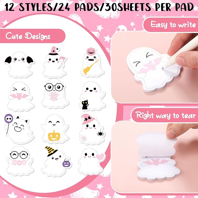 Yinder 24 Pads Cute Sticky Notes Kawaii Fun Animal Sticky Notes Pads Bulk Cartoon Memo Self Adhesive for Veterinary Gift Office School Tab Party Supplies(Ghost)