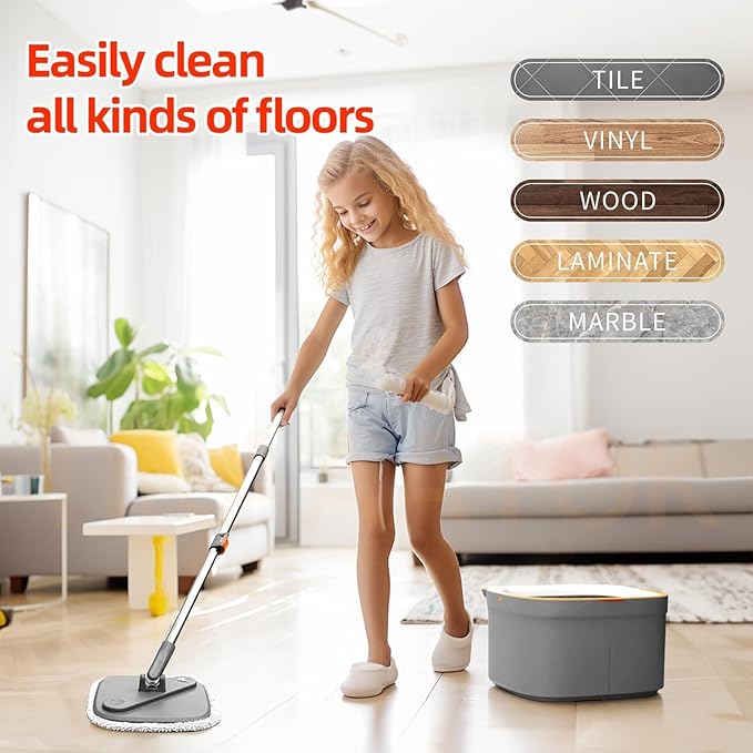 KZKR Spin Mop and Bucket Set with 8 Replaceable Microfiber Mop Pads with Self Separation Dirty and Clean Water System, Self Wringing 360° Rotating Square Mop Head for Hardwood Tile Marble Floors