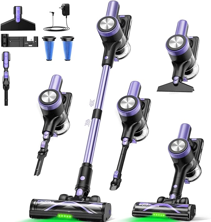 Cordless Vacuum Cleaner, 46KPa/500W Stick Vacuum with 55 Mins Runtime, Self-Standing Vacuum Cleaner for Home, LED Display, Anti-Tangle Brush, Rechargeable Vacuum for Hardwood Floor, Pet Hai (Purple)
