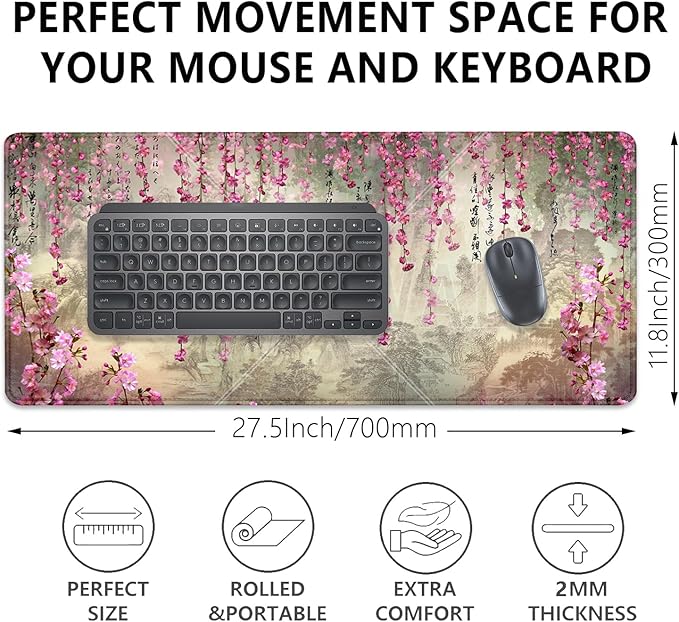 Mountains Flowers and Words Desk Pad Mouse Pad,Large Gaming Chinese Style Mouse Mat with Stitched Edges,Non-Slip Waterproof Rubber Base Mousepad for Office Work Home Desk Mat(27.5X11.8 in)