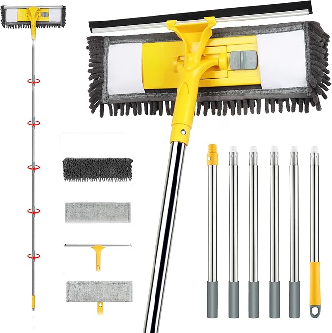 Dymoll 96" Long Handle Window Wall Cleaner Tool with Extension Pole,2 in 1 Large Window Squeegee with Cleaning Mop Tools Kit for Window/Wall/Baseboard/Floors Clean/Solar Panel Washer