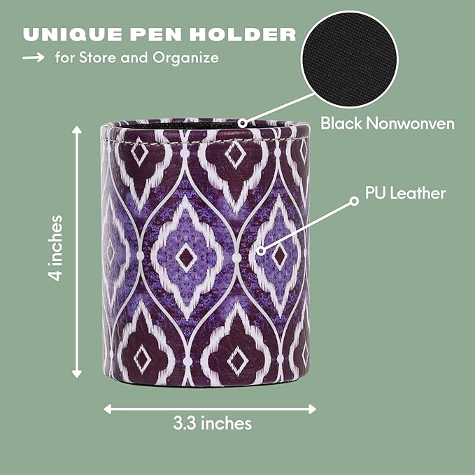 Desk Organizers, PU Leather Makeup Brush Holder for Cosmetics Office Supplies, Blue Ikat PH87