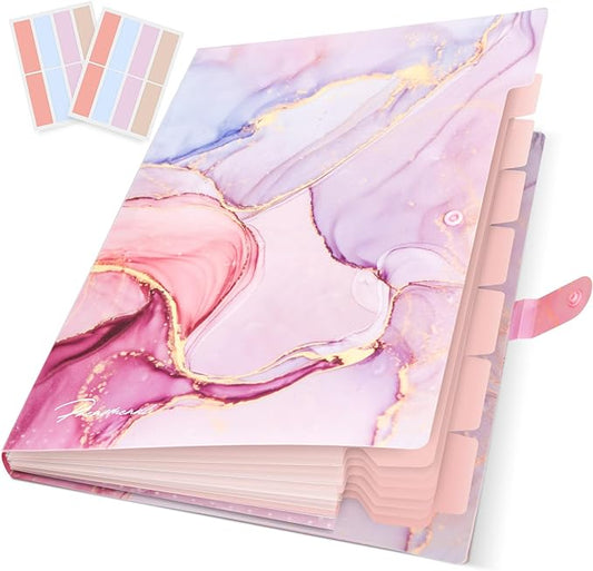 Expanding File Folder, Folders for Important Documents Organizer, Accordion File Organizer, Aesthetic Folders for School Students, 8 Pockets File Folder for Home Bills (Pink Gold Marble)