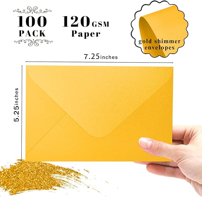 5x7 Gold Envelopes 100 Pack, Goefun A7 Yellow Shiny V Flap Envelopes for Invitation, 5x7 Greeting Cards, Graduation, Birthday, 5.25 x 7.25 in, 120GSM