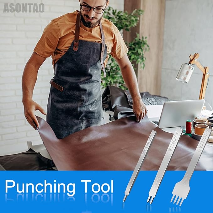 Professional Leather Stitching Chisel Set | 4mm White Steel Diamond Lishing Tools with 1/2/4 Prong & Hole Punch | Industrial-Grade Leather Craft Kit for Belts, Bags, Saddlery - ASONTAO