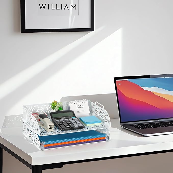 EasyPAG Paper Organizer for Desk 2 Tier Stackable Paper Tray for A4 Legal Size Folders Metal File Storage Desktop Organizer for Home Office School Teacher, White