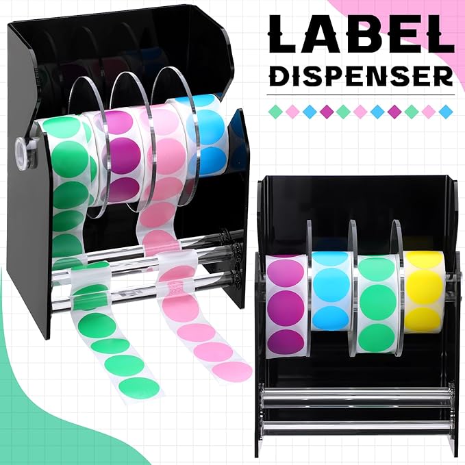 Geosar Adjustable Label Dispenser 4 Disks Sticker Roll Holder Sticker Dispenser Black Label Roll Holder Acrylic Sticker Holder Organizer Desk Tape Dispenser Label Stand for Office Home Desktop