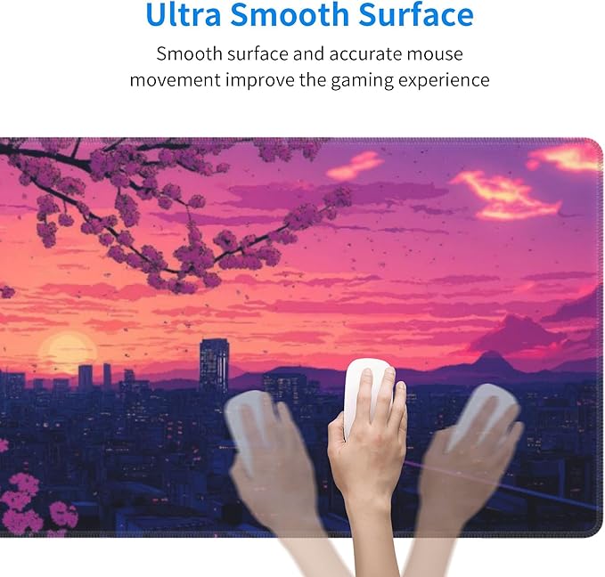 Sakura City Sunset Large Mouse Pad, Anime Style Gaming Desk Mat, XL Keyboard Desk Pad Mat for Desktop, 31.5"x11.8" Non-Slip Base Big Mousepad with Stitched Edges