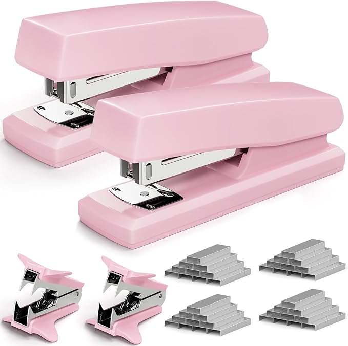 2 Pack Pink Office Staplers, 25-Sheet Capacity with 4000 Staples and 2 Staple Removers, Desktop Stapler, Pink Office Supplies for Students and Office Clerks
