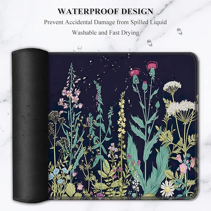 Auhoahsil Desk Pad, XL Extended Large Gaming Mouse Pad 31.5 x 11.8 Inch, Waterproof Mousepad with Stitched Edges, Non-Slip Computer Keyboard Laptop Mat for Women Men Office Work, Silent Night Flowers