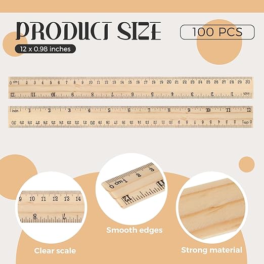 Qilery 100 Pcs Wooden Ruler 12 Inches Wood Measuring Ruler 2 Scale Rulers for Kids Classroom Rulers with Centimeters and Inches 30 cm Drafting Tools for Home Office School Adults Students Supplies