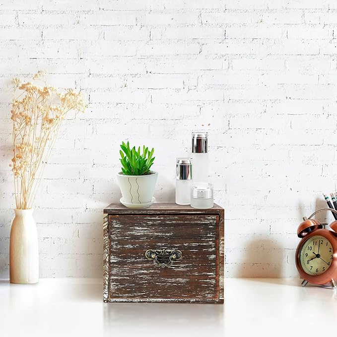 Office Desk Organizer with Drawers Dark Brown Vintage Square Wood Desktop Storage Box Workspace School Supplies Farmhouse Kitchen Countertop Makeup Storage bins for Home Toiletries Supplies Vanity……