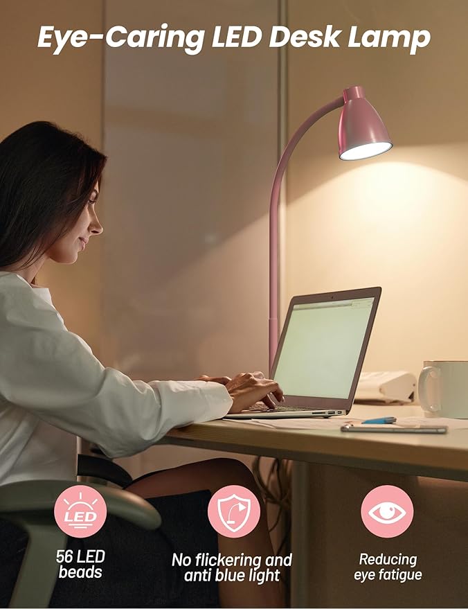 BOHON Cute Desk Lamp with USB Charging Port, Pink Lamp 3 Color Modes Dimmable LED Reading Lamp, Flexible Gooseneck Auto Dimming Table Task Light for Home Office Dorm Bedside, Pink