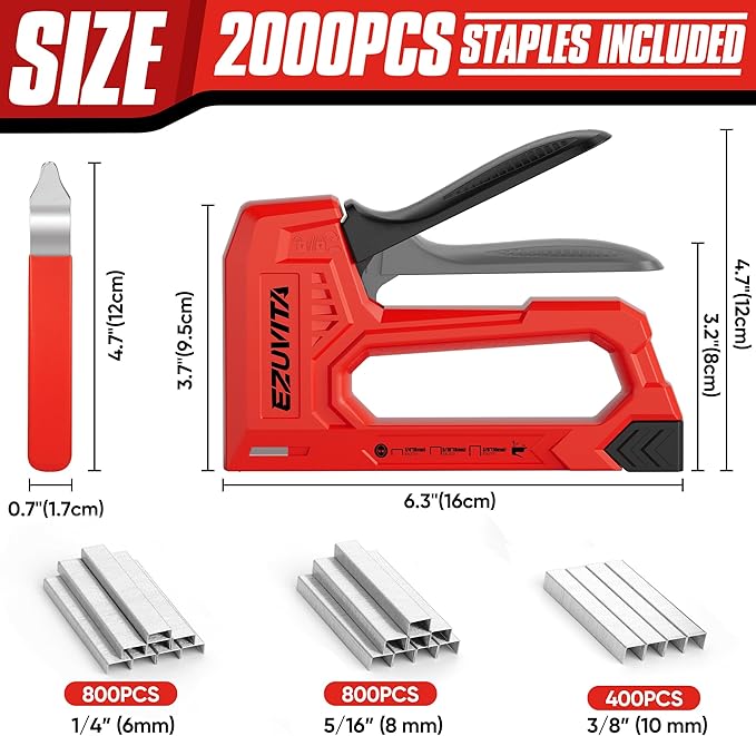 Light Duty Staple Gun for Wood, Red Upholstery Staple Gun Kit with 2000pcs JT21 Staples 1/4, 5/16, 3/8 inch and Staple Remover, Stapler Gun for Crafts, DIY, Classroom, Decoration