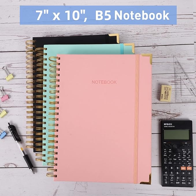 Spiral Notebook, College Ruled Notebook Journal, 7” x 10”, 300 Pages Leather Writing Journal for Women Men, B5 Hardcover Notebook for Work School, 24pcs Index Tabs, Teal