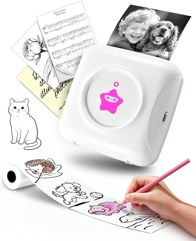 vretti Mini Pocket Printer - Portable Thermal Printer with 1 Roll Sticker Paper, Bluetooth Mini Printer for iPhone & Android, TP2-Y Inkless Sticker Maker for Notes, Photos, Labels, DIY