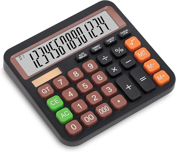 Standard Desktop Calculator, Dual Power (Solar & AA Battery), 14-Digit Large Display, Multifunctional Office Calculator (Black)