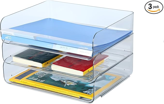 3 Tiers Stackable A4 Paper Trays, Office Desk File Holder, Tidy File Document Letter Book Paper Organizer (3 Tiers,Clear)