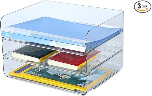 3 Tiers Stackable A4 Paper Trays, Office Desk File Holder, Tidy File Document Letter Book Paper Organizer (3 Tiers,Clear)