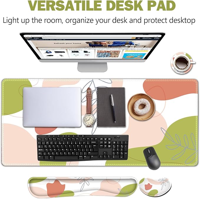 AIMSA Keyboard & Mouse Pad Set, Extended Desk Mat + Ergonomic Mouse & Keyboard Wrist Rest Support, 35x15.7in Abstract Green Pink Art