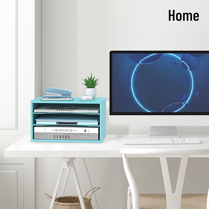 Wood Desk Organizer, 3 Tier Paper Tray Organizer for Desk with Adjustable Storage Shelves, Desktop Paper Sorter Mail Holder for Office Home Classroom, Blue