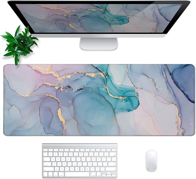 Teal Marble Mouse Pad Abstract Marble Mouse Pad 31.5x11.8 Inch Texture Non-Slip Rubber Base Large Mousepad Stitched Edges Keyboard Mouse Mat Desk Pad for Office and Home