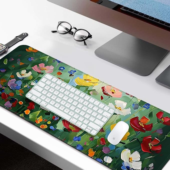 Abstract Green Wildflower Gaming Desk Mat, Computer Keyboard Large Extended Long Floral Mouse Pad for Office and Home, XL (W23)