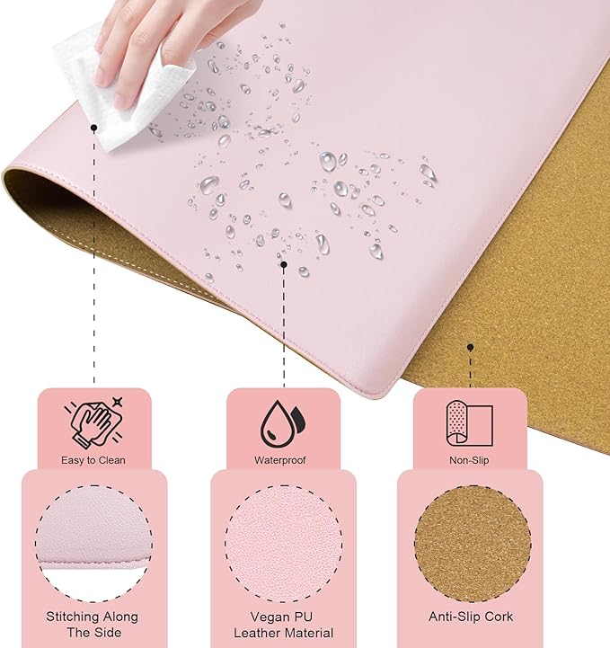 Dual-Sided Desk Pad, Natural Cork & PU Leather Mouse Pad for Desk, Desk Pad Protector, Non-Slip Desk Mat for Office and Home Work, (Pink, 23.6" x 13.7")