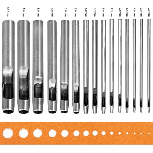 WUTA 15Pcs Hollow Punch Leather Hole Punch Cutter 0.5mm-10mm Round Punch Tool Set, Leather Craft Working Kit for Leather, Watch Band, Fabric, Plastics, Gasket Belt
