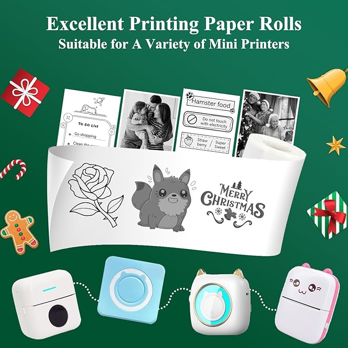 16 Rolls Mini Thermal Printer Paper, Including 6 Sticker Paper & 10 Plain Paper Rolls for Mini Portable Printers, 57X25 mm, Suitable for Various Inkless Sticker Printers