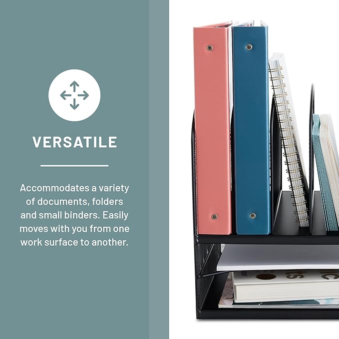 Safco Onyx Desk Organizer, 6 Vertical Compartments and 2 Trays, Office and Classroom Mailbox , Paper and Mail Sorter, Steel Mesh, Black