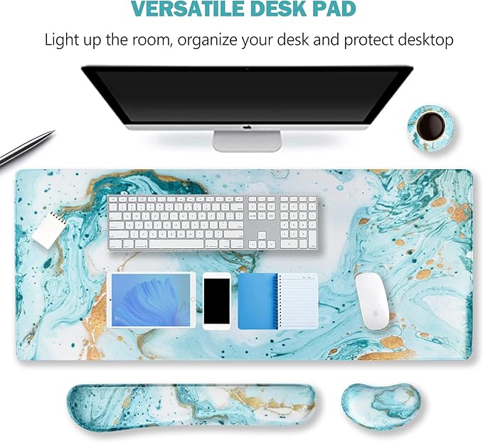 ARTSO Large Gaming Mouse Pad, Keyboard Wrist Rest Pad & Wrist Support Mousepad Set, Stitched Edge, Extended, Non-Slip Base, Memory Foam Desk Mat 4pcs for Office & Home, Teal Turqoise Marble