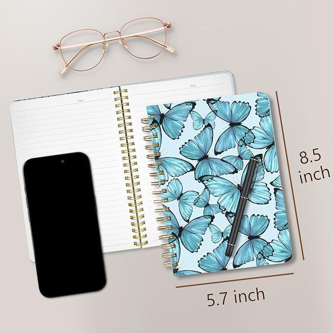 Cute Spiral Notebook journal A5 Aesthetic Pretty Floral Design for Women Girls Kawaii with Pocket, 8.5 x 5.7 inch, Blue Butterfly